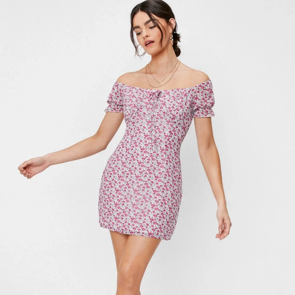 Nasty Gal Ditsy Bardot Cap Sleeve Floral Mini Dress - Picture 2 of 7